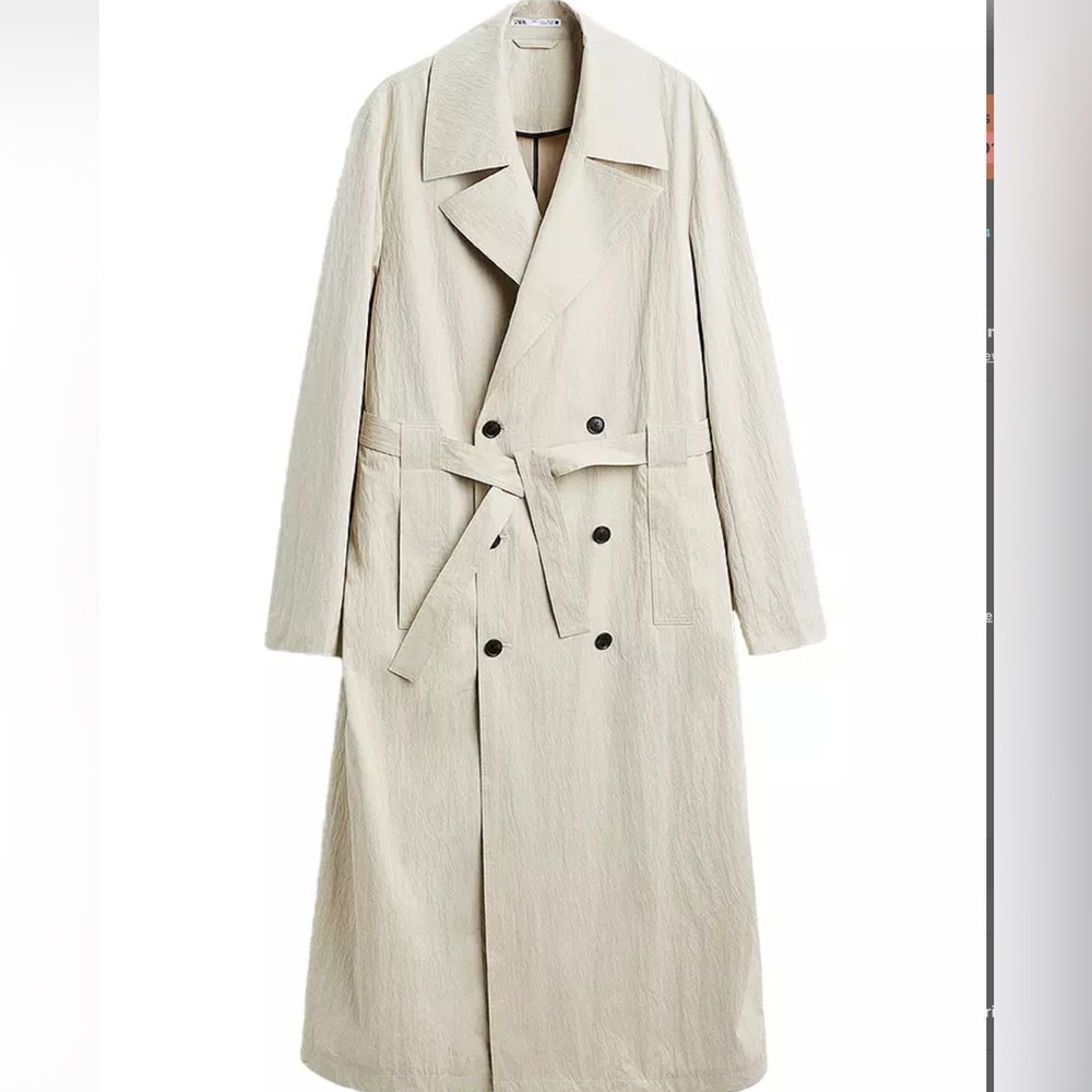 Long Double-Breasted Trench Coat in Light Beige